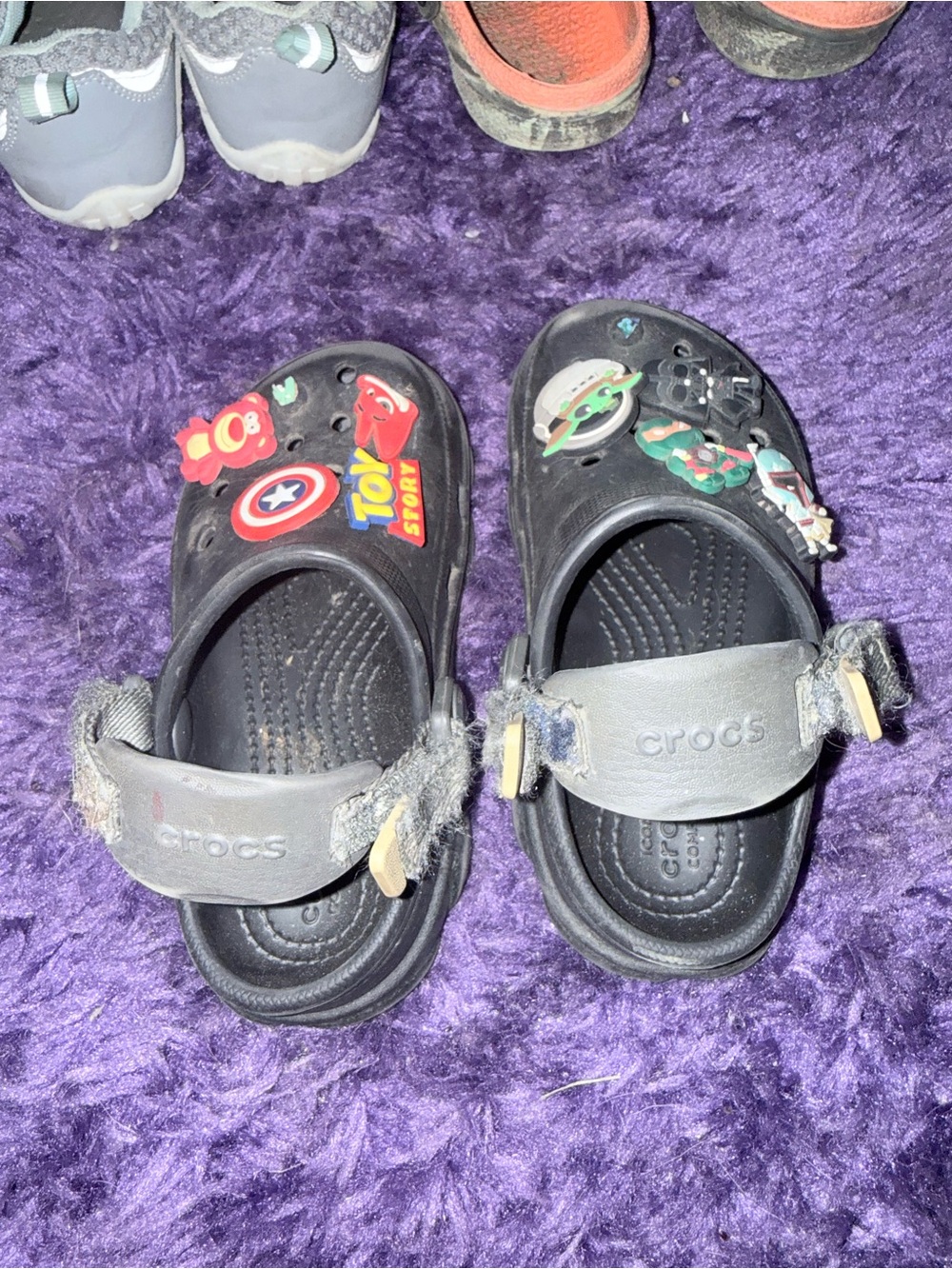 CROCS Kids Black Clog Sandals with Toy Story and Superhero Charms